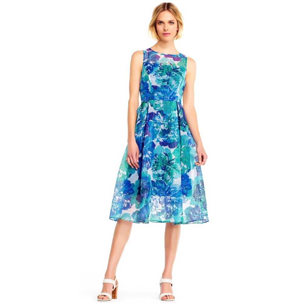 Adrianna Papell Ribbed Floral Organza Midi Dress